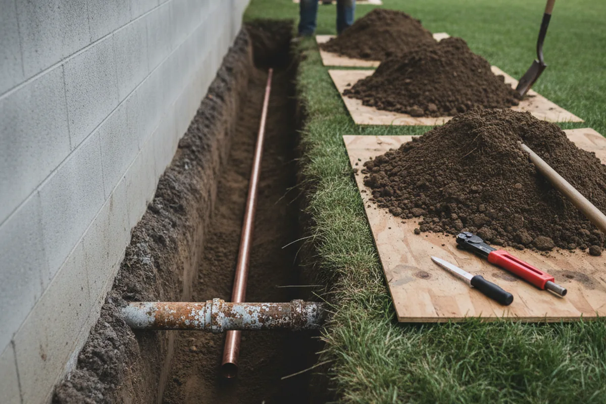 Excavated water line trench during Sewer Line Repair in Walterville